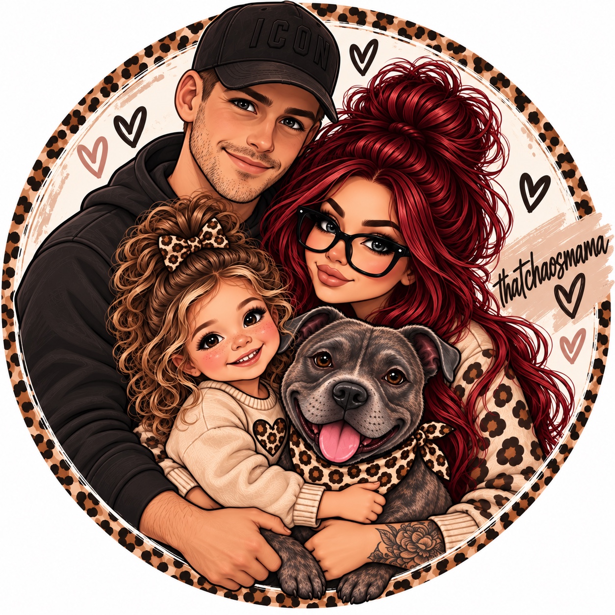 ThatChaosMama family illustration of Kieran, Leonie, Mia and Nala in a leopard-print circle