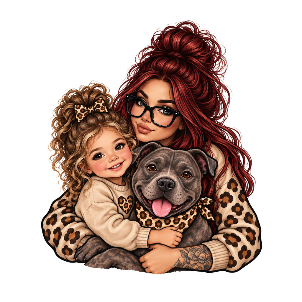 The ThatChaosMama illustration of Leonie with burgundy hair, Mia and Nala